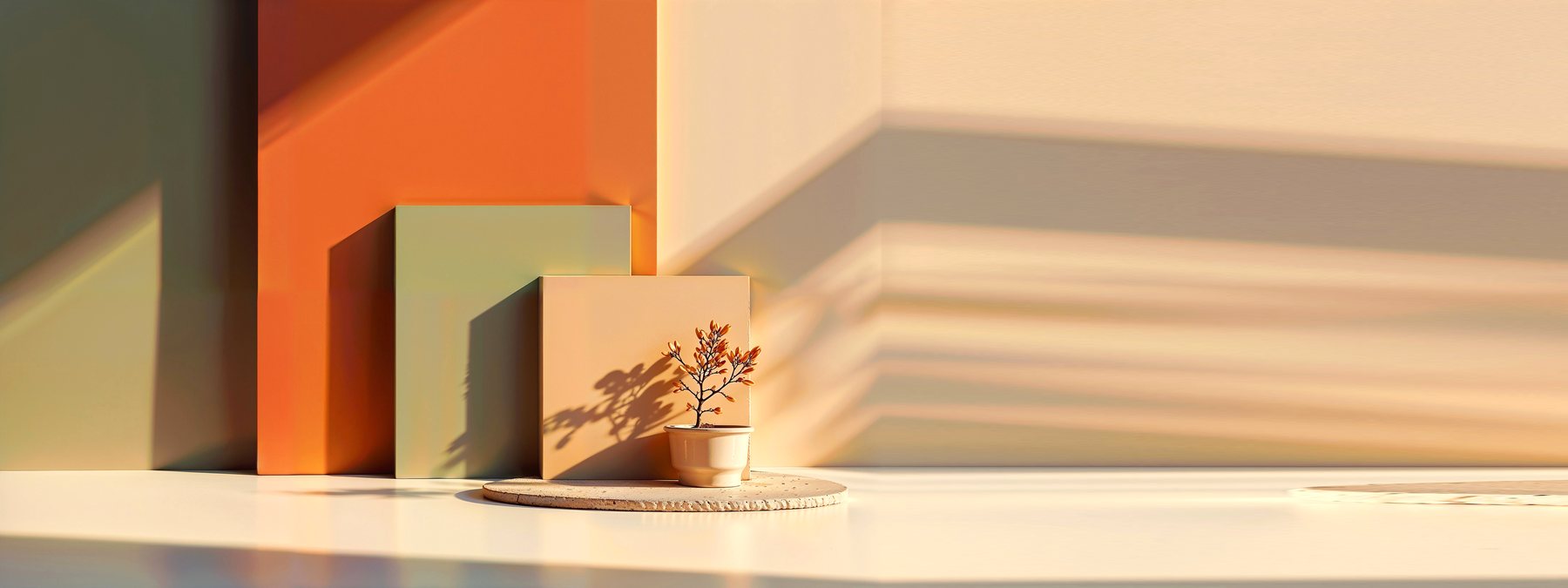 Volumes clairs baignés de lumière et branchage posé dans un espace dégagé